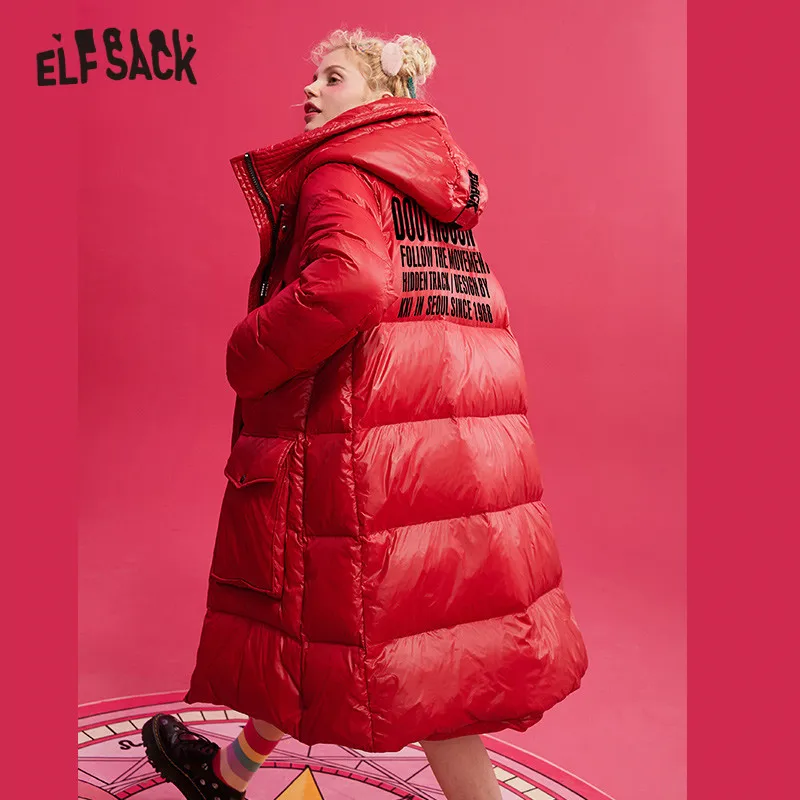 ELFSACK черный однотонный сатиновый прямой с капюшоном теплый длинный пуховик для