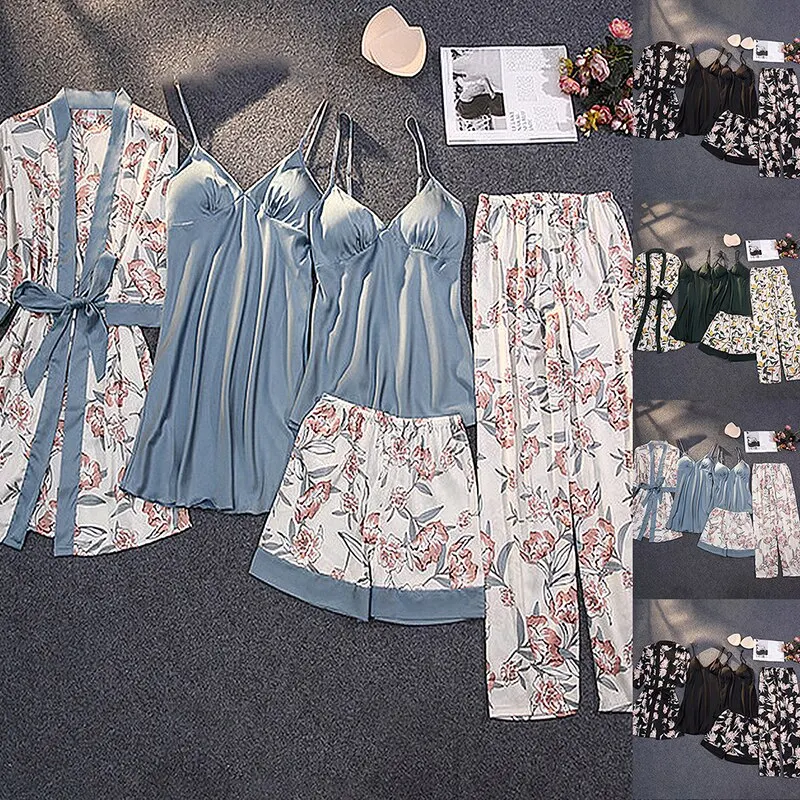 

2021 Spring Autumn Women Silk Pajamas Sets With Chest Pads Flower Print Pijama Sleepwear 4 Pieces Spaghetti Strap Satin Pyjamas