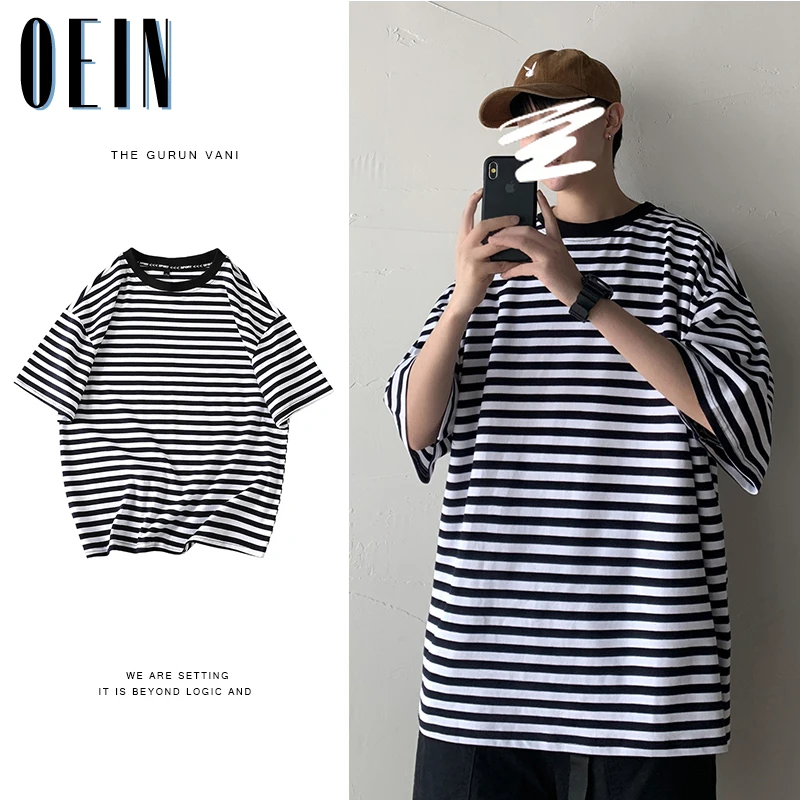 

Hip Hop Black Striped T Shirt Mens Streetwear Harajuku Embroidery T-Shirt 2021 Men Summer Short Sleeve Tshirt Casual Cotton Tops