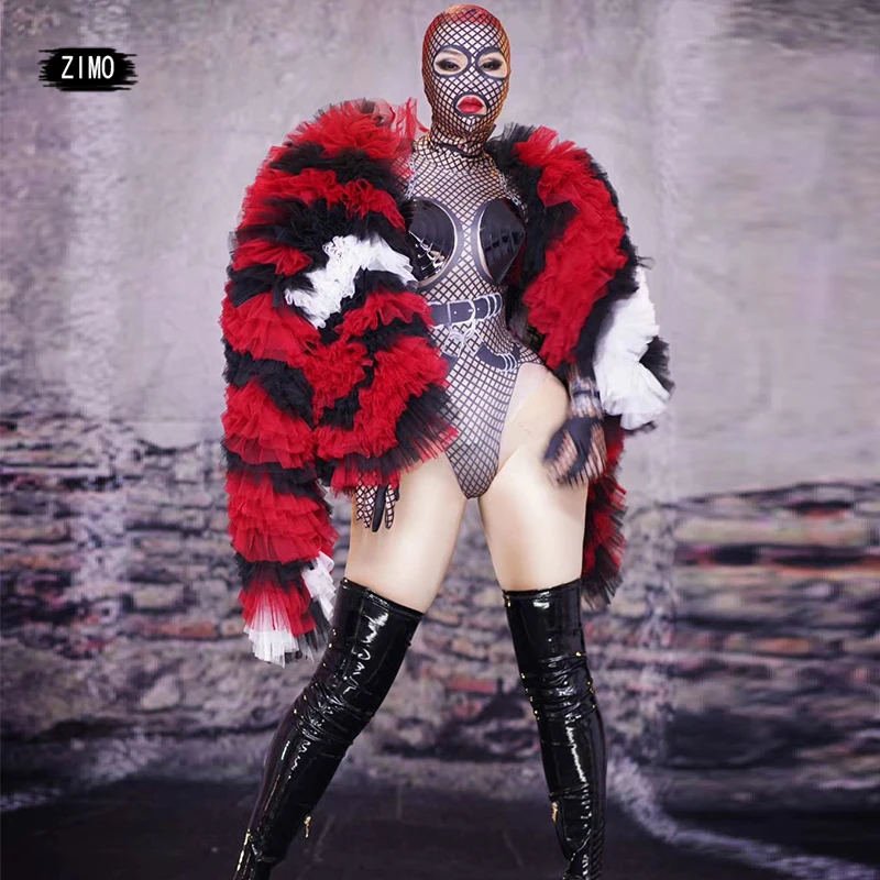 Сексуальная черная красная сетчатая куртка костюм с головной убор комплект