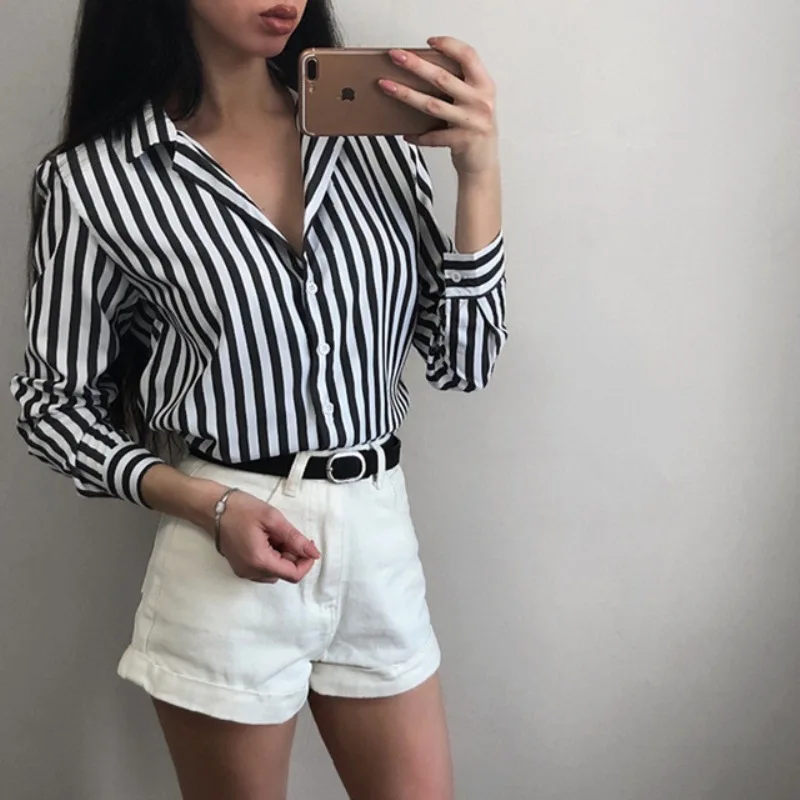 2020 New Spring Autumn Women Blouse black strips V-Neck Long Sleeve Work Shirts office Tops Striped blouse for business | Женская одежда