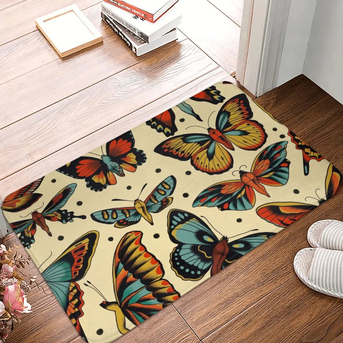 

Butterflies Traditional Tattoo Flash Doormat Carpet Mat Rug Polyester PVC Non-Slip Floor Decor Bath Bathroom Kitchen Living Room