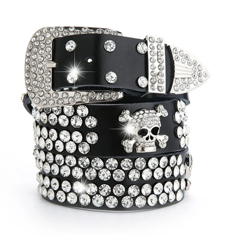 Fashion New Designs High Quality Genuine Leather Belt for Women with Rhinestones Shiny Bling Skull Buckle Female Accessories