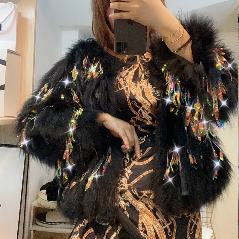 RosEvans Winter Personality Sequin Fashion Women Real Fur Jacket Net Red Coat Female White Raccoon Fur Strip Tassel Jacket 2020