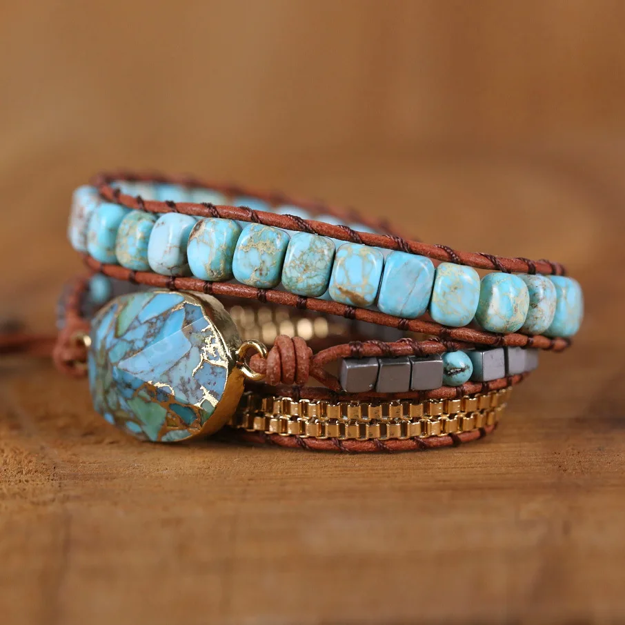 

2021 New Turquoise Hand Woven Multilayer Leather Bracelet Natural Stone Bracelet National Style Retro Sexy Goddess Bracelet