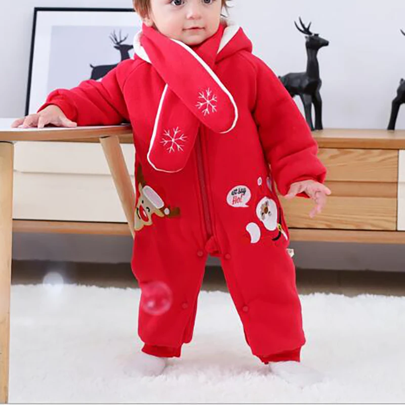 

Baby Rompers Baby Winter Warm Longsleeve Newborn Infant Jumpsui Velvet Coats with Scarf Christmas Suit YZM001