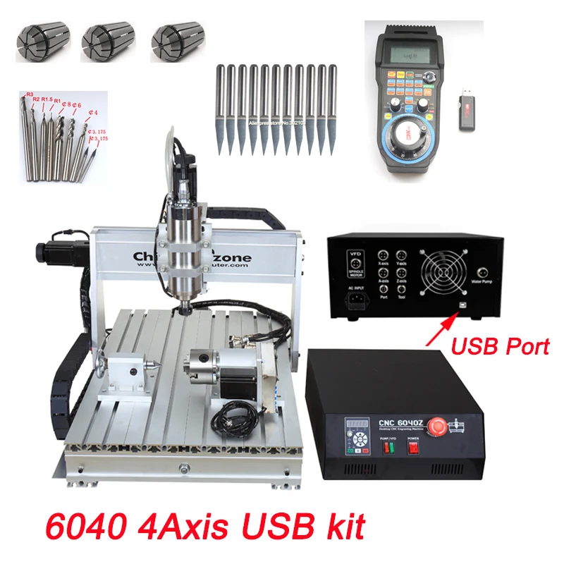 CNC 6040z 2.2KW 4 оси ЧПУ деревообрабатывающий фрезерный станок 3 оси металлический USB фрезерный гравер станок резак алюминиевый DIY резьба независимый привод - Цвет: 6040 4Axis USB kit
