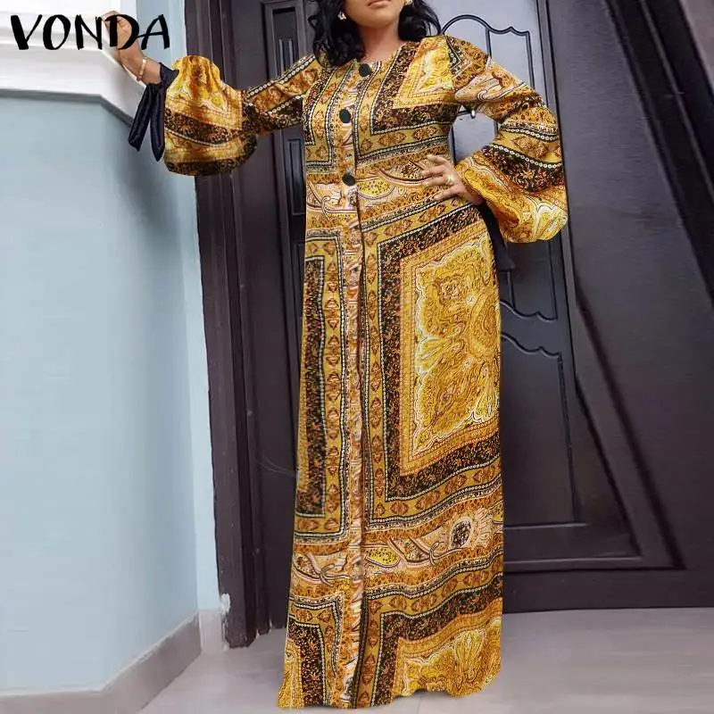 

Holiday Printed Dress 2021 VONDA Women Vintage Maxi Dress Beach Summer Sundress Casual Long Sleeve Vestidos Femme Robe