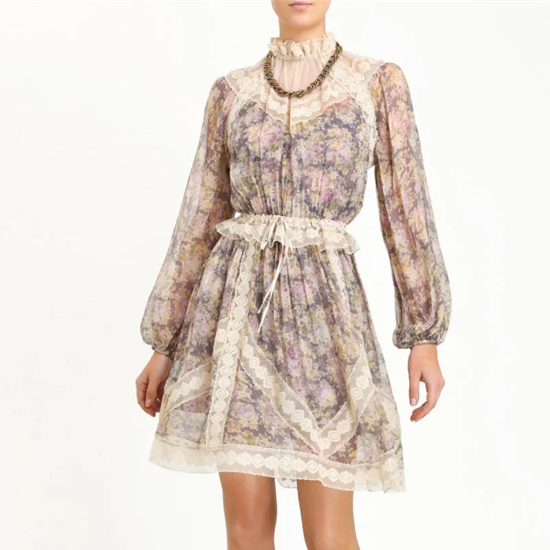 DEAT кружевное шифоновое платье со стоячим воротником и длинным рукавом с сеткой