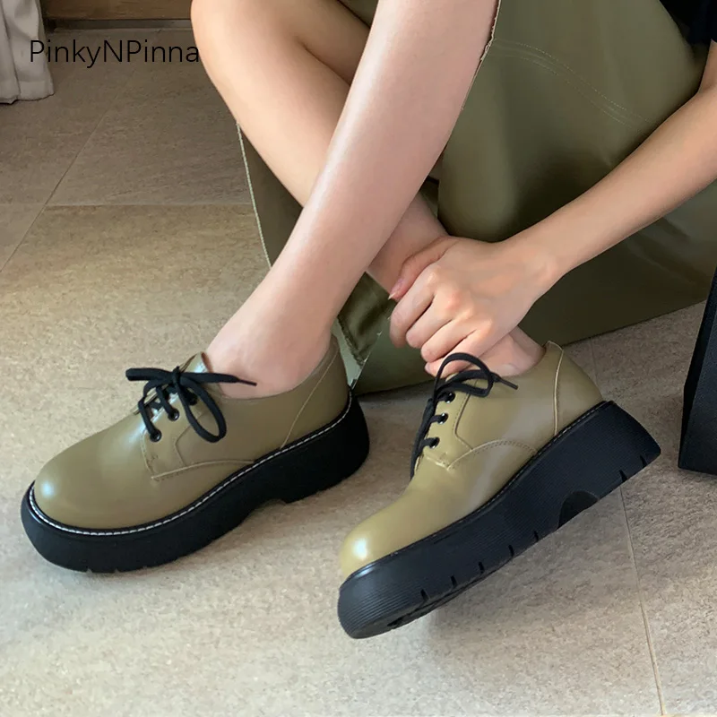 

2021 holiday super fashion women platform derby casual shoes genuine leather shining lace up preppy style young ladies shoes