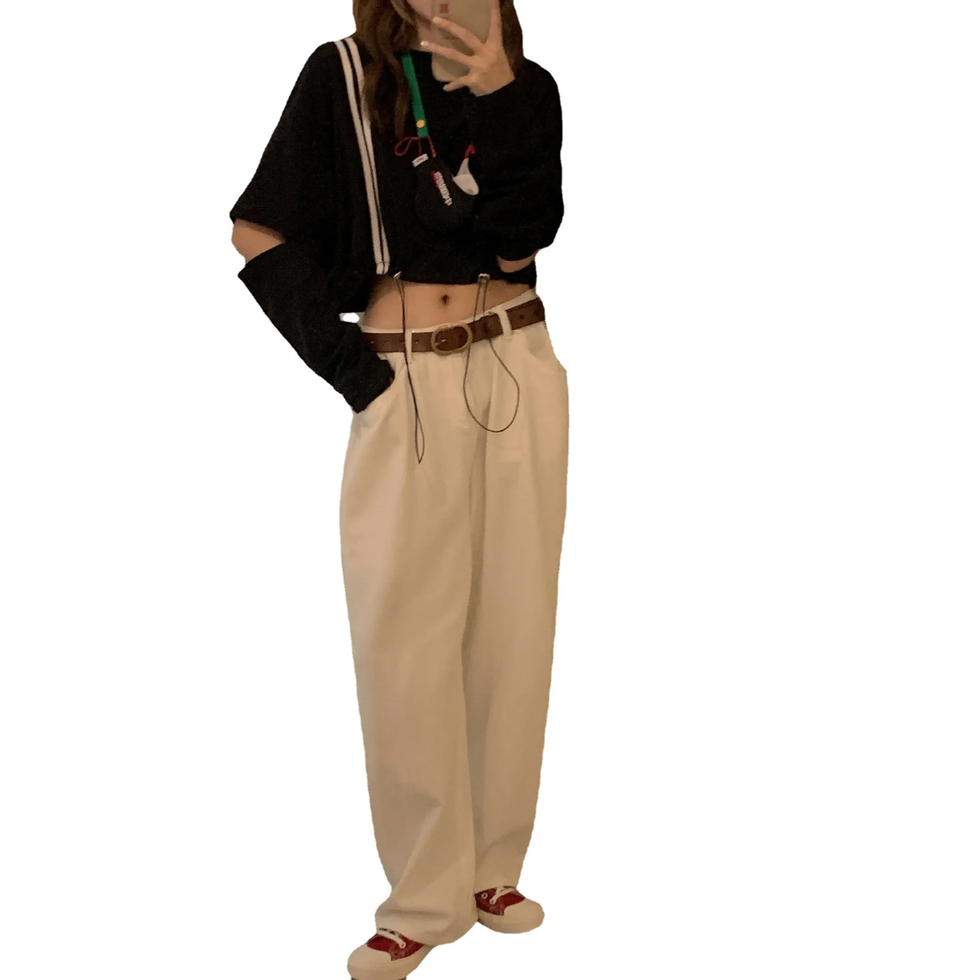 

2021 spring and summer new women's wear Korean version solid round neck careful machine sleeve lacing loose drawstring long