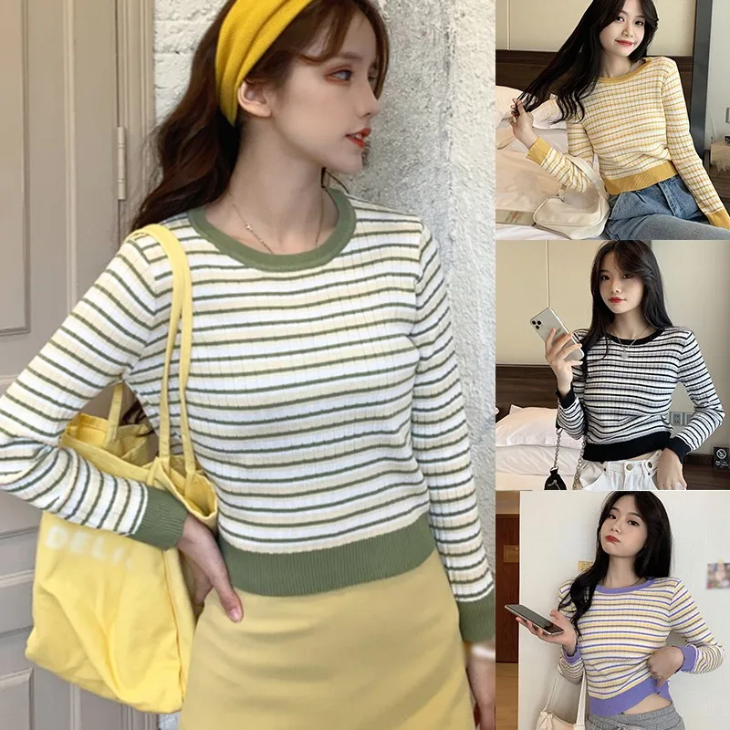 

Autumn Long Sleeve T-Shirts Women Casual Slim Short T-shirt Fashion Striped Knitted T-shirt Female Crop Tops