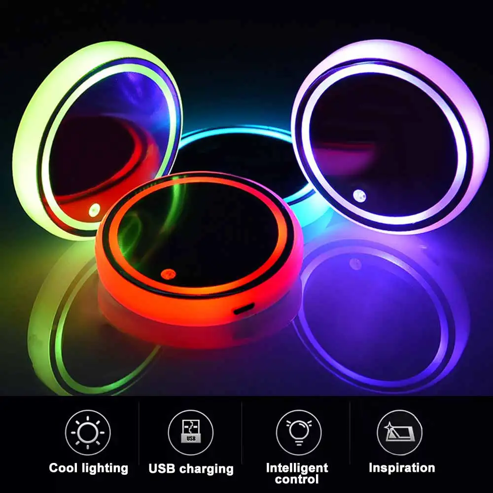 

LED Cup Holder Lights Car Water Coaster Colorful Cup Pad Car Atmosphere Light Solar USB Charging Anti-Slip Coaster Accessories