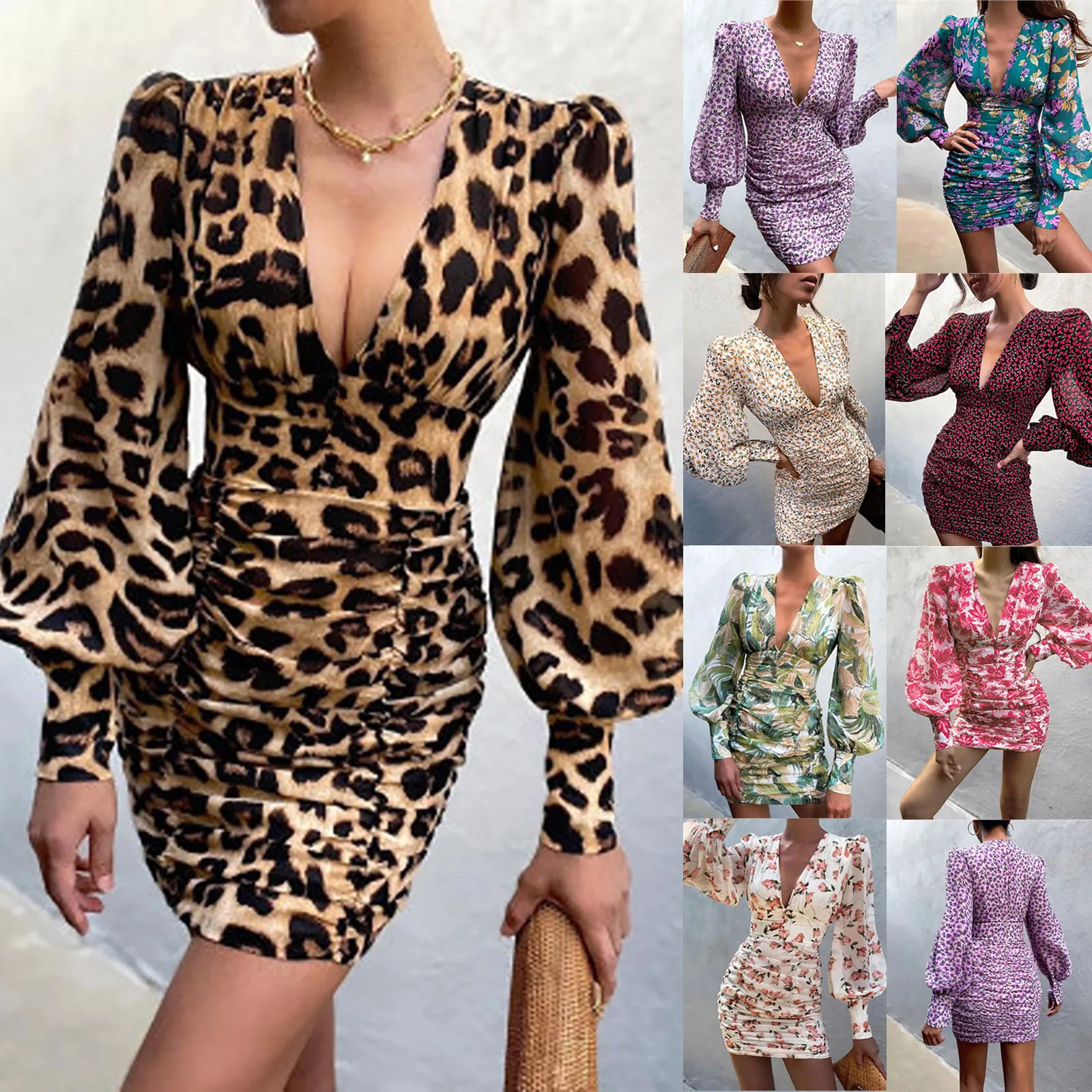

Dress For New Year 2022 Sexy Casual Leopard Print Dress V-neck Long Sleeve Mini Dress Платье На Новый Год 2022 Vestido Feminino