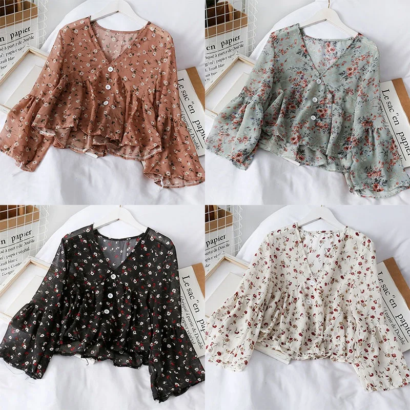 

Liva Girl Korean Retro Blouse Floral v-Neck Shirt Trumpet Sleeves Small Fresh Long-Sleeved Chiffon Camisa Top l Vetements Femmes