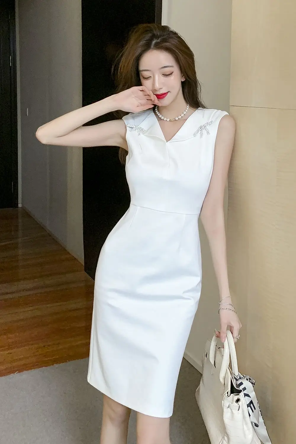 

COIGARSAM Women dress New High Waist Turn-down Collar Dresses White 3229