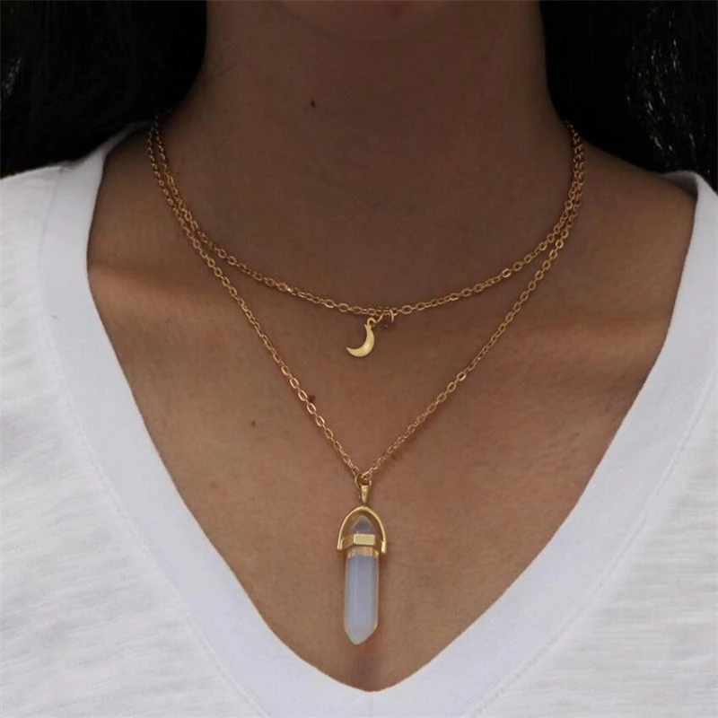 

Fluorite Necklaces Crystal Pendants Suspension Natural Gem Stone Quartz Bullet Hexagonal Pillar Bullet Choker Moon on Necklace