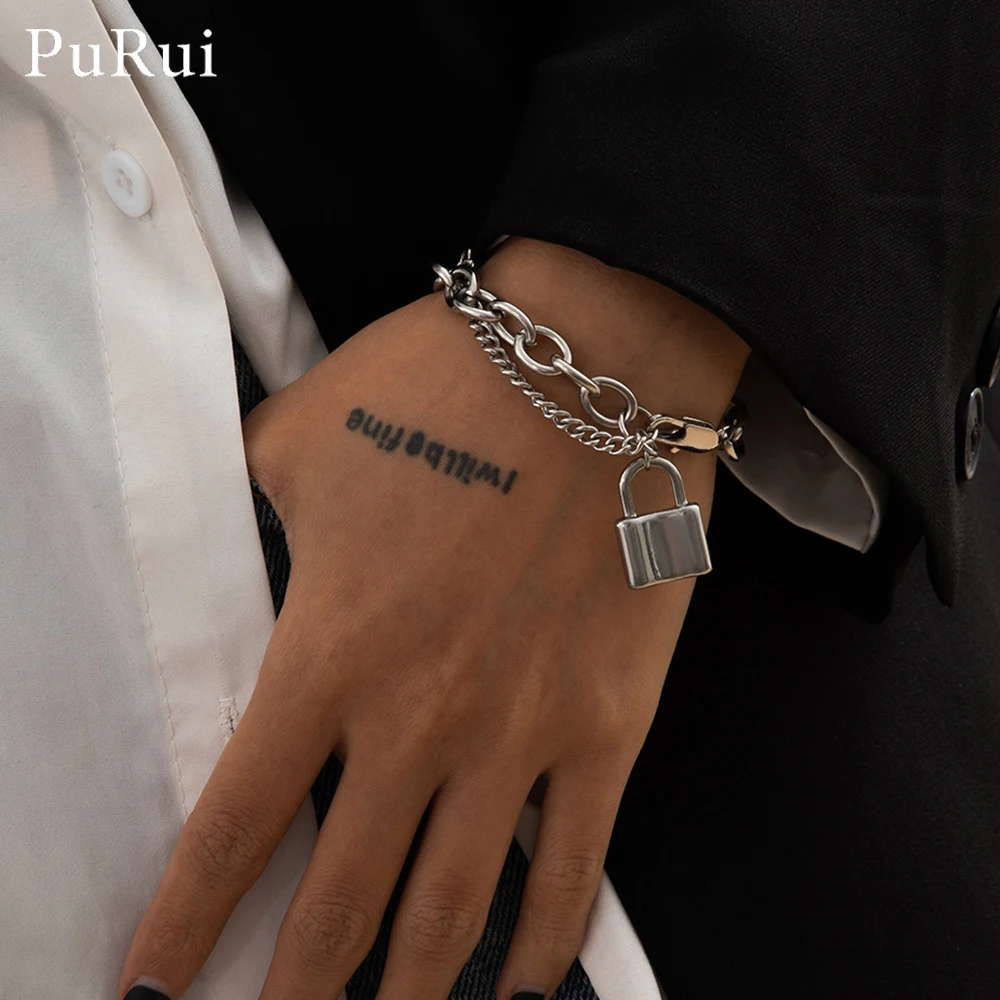 

2021 Punk Stainless Steel Link Chain Lock Charm Bracelet with Lobster Lock Carved Love Coin Bracelets Set Hip Hop Jewelry Female