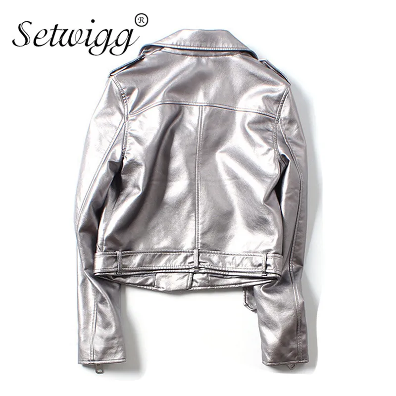 Женские металлические куртки из полиуретановой кожи серебристые Мотоциклетные