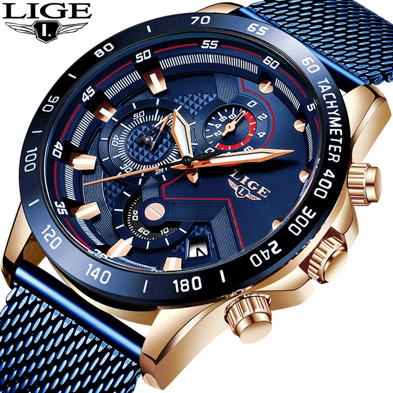 

LIGE 2021 New Blue Full Steel Mesh Belt Business Watch Mens Watches Top Brand Luxury Fashion Quartz Gold Clock Relogio Masculino