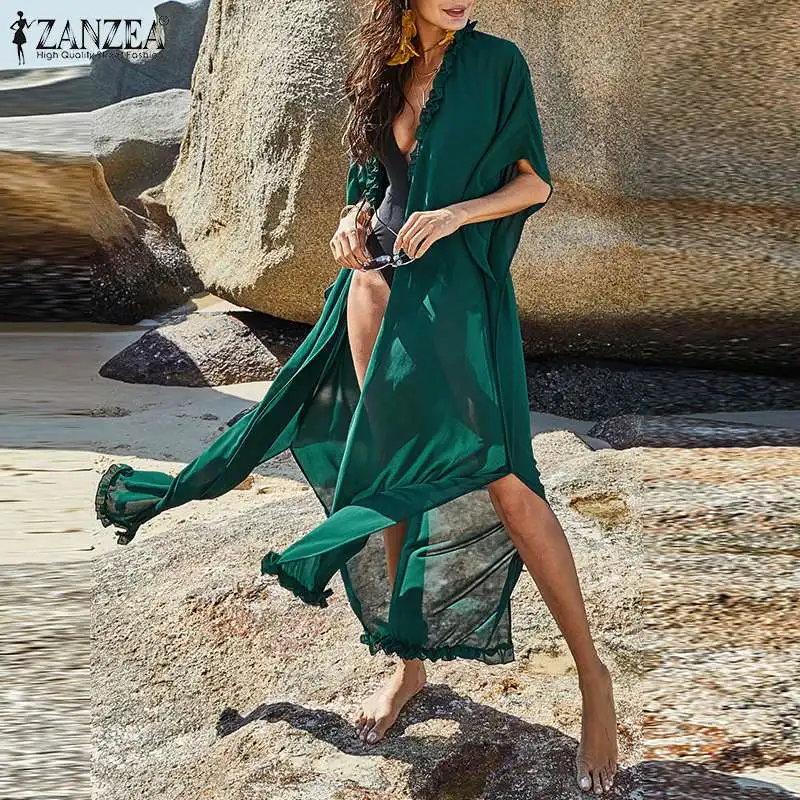 

Богемная женская накидка ZANZEA 2021, летний лоскутный кардиган с оборками, повседневные шорты с рукавом, на шнуровке, макси блуза, женские свобо...