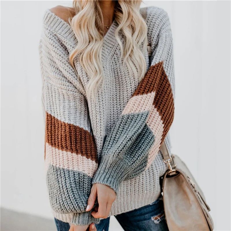 

New Autumn Winter Women Knitted V-neck Sweater Casual Basic Pullover Jumper Lantern Long Sleeve Loose Tops
