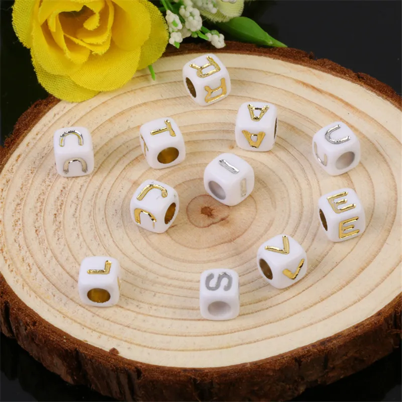 

Cube Acrylic Letter Beads 7*7mm Square White Pearl with Silver Gold Tone English Alphabet Initial A-Z Spacer Bead 1800pcs