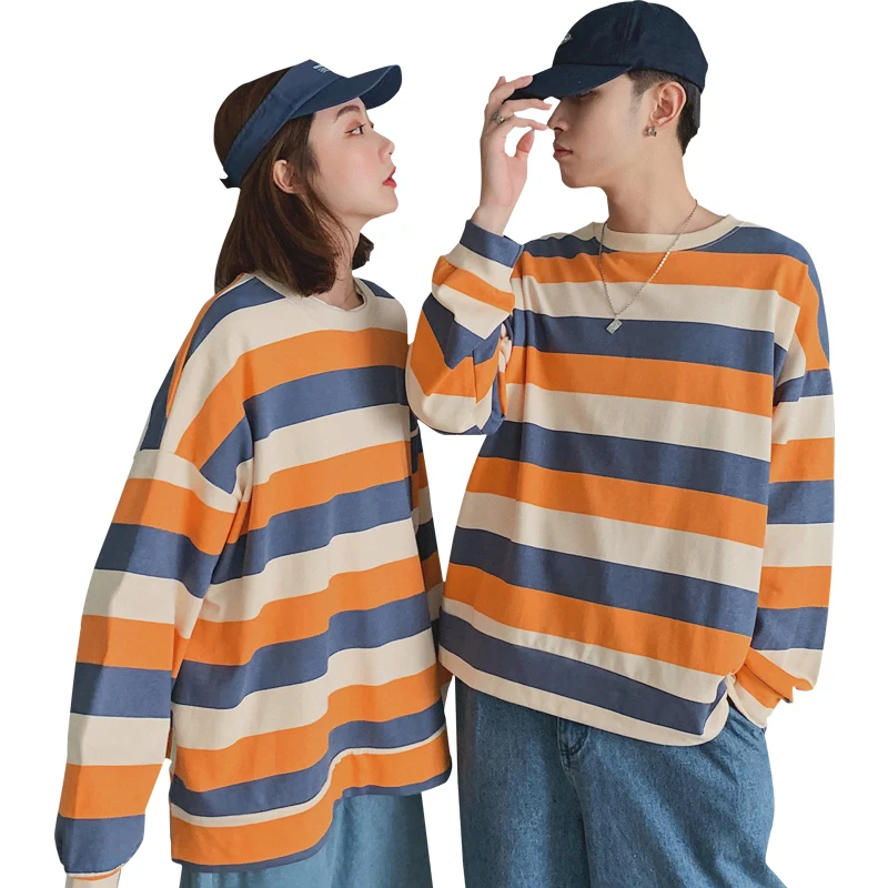 

Harajuku Korean Version Autumn Striped Couples Funny t Shirts Pullover Long Sleeves Brief Kpop Clothes Oversized Hip Hop Men Top