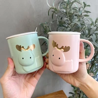 3d relief cartoon cups antler ceramic mugs with cover spoon household tea coffee ceramic milk cup 450ml 2021 new