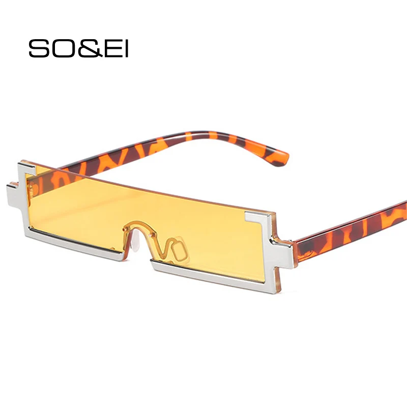 

SO&EI Fashion Small Rectangle Sunglasses Women Vintage One Piece Rimless Eyewear Men Yellow Blue Shades UV400 Square Sun Glasses