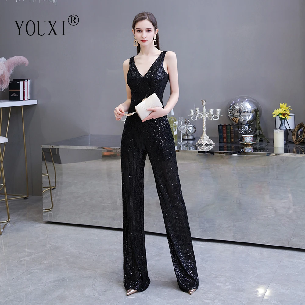 Черный комбинезон с блестками вечернее платье 2020 Новое поступление сексуальные