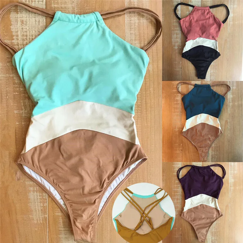

Women One-Piece Swimsuit Monokini Sleeveless Halter Bandage Bikini Beach Push-up Backless Bathing Suit Color Patchwork Swimwear