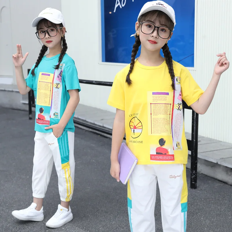 

Летняя одежда для девочек, хлопковая футболка с коротким рукавом, костюм с брюками для бега, повседневные спортивные свободные костюмы для ...