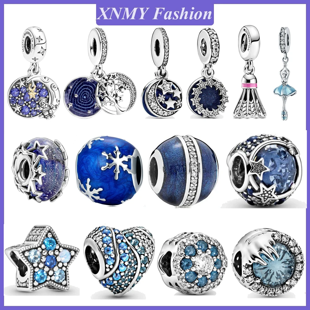 

XNMY Hot Sale Silver Color Blue Life Tree Snowflake Stars Moon Pendant Beads Fit Original Pandora Charms Bracelet DIY Jewelry