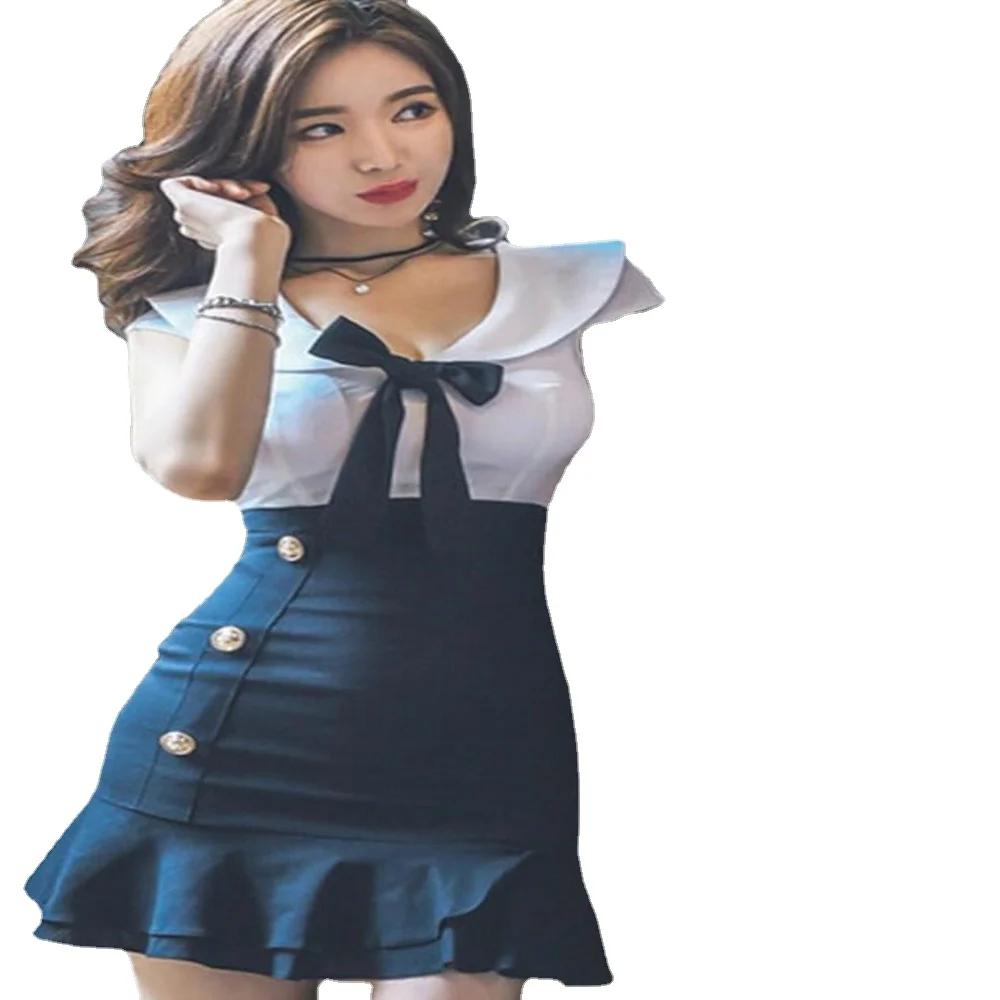 

vestidos 2018 Freeshiping South Korean academy of wind sexy nightclubs uniform navy uniform color lapel Bowknot flounce dress.