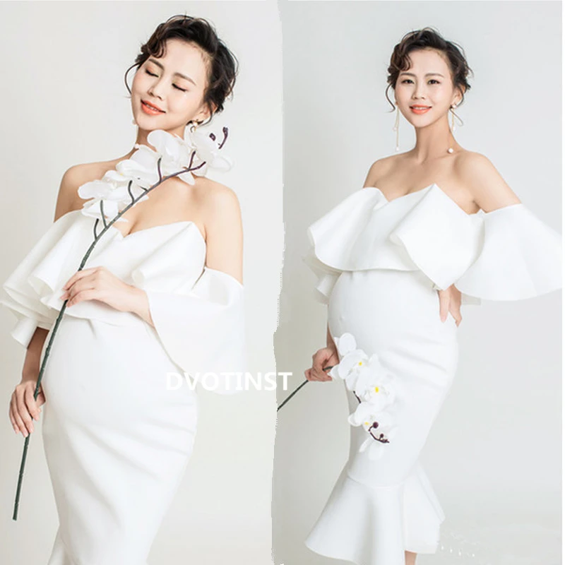 Dvotinst Women Photography White Elegant Off-shoulder Maternity Dresses Ruffles Pregant Dress Studio Photoshoot Photo Clothes