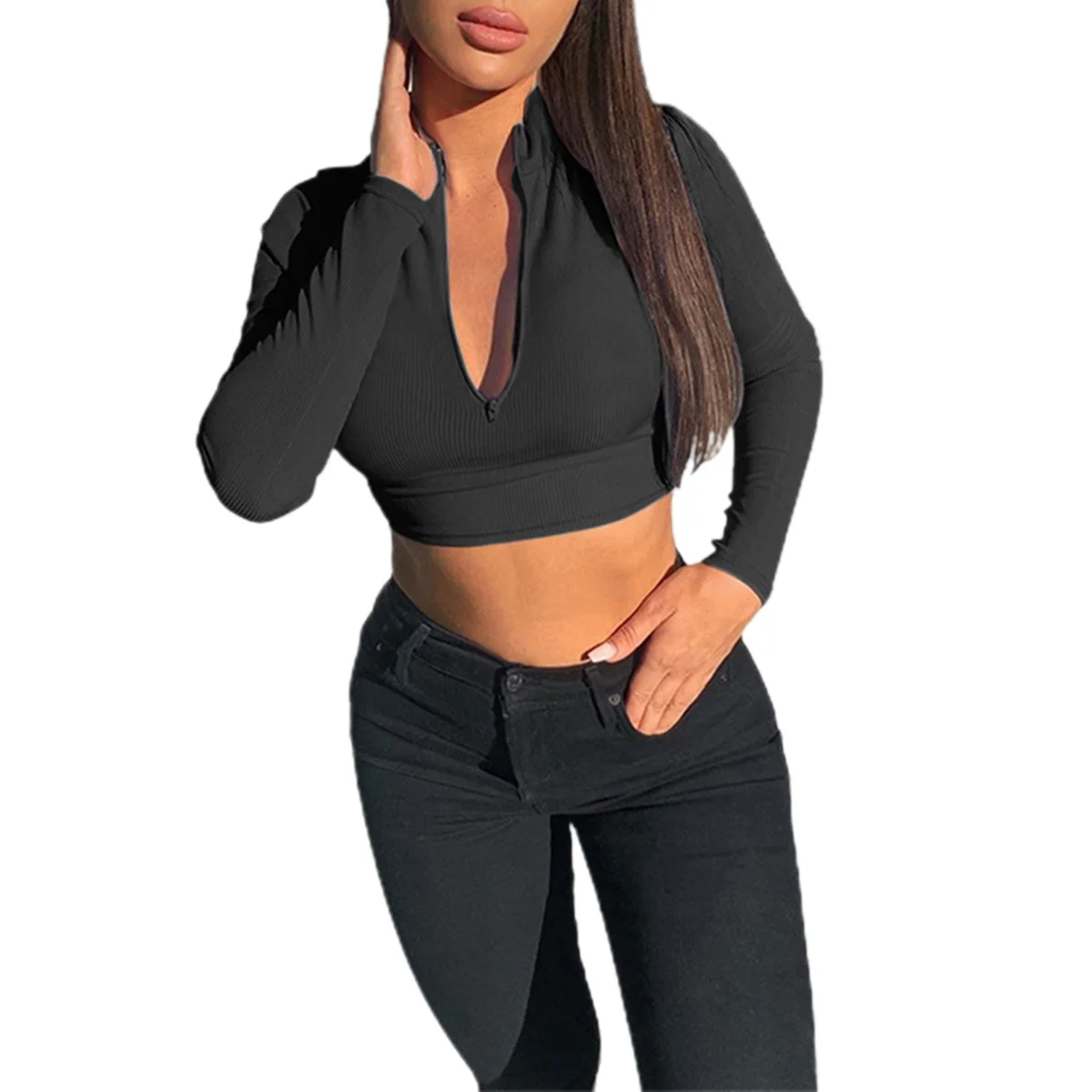 Новые модные женские осенние повседневные облегающие футболки на молнии с