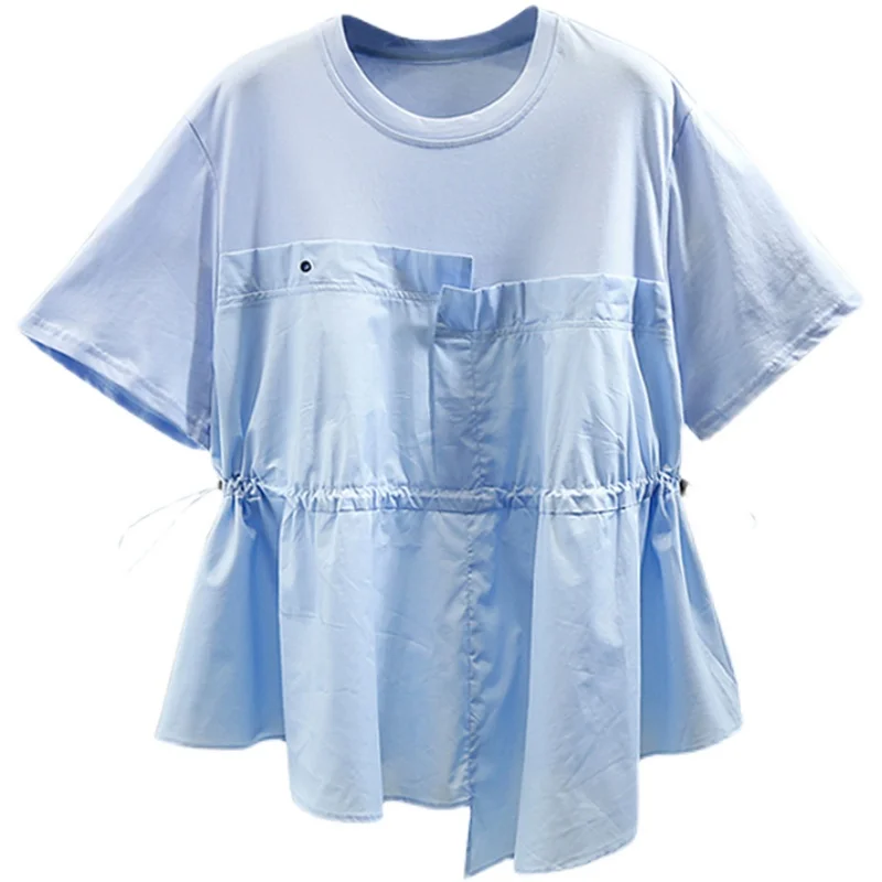 

Fashion Irregular Tshirt Women New Drawstring Waist Short Sleeved T-shirts Female Lady 2021 Summer New Loose All-Matching Top
