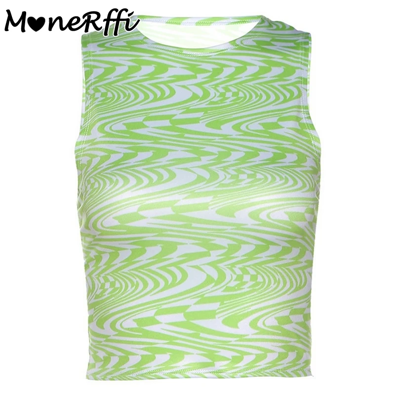 

MoneRffi 90s Aesthetics Striped Print Crop Tops Y2K Summer Streetwear Sleeveless O-neck Green Baby Tanks Women 2021 Sexy Vests