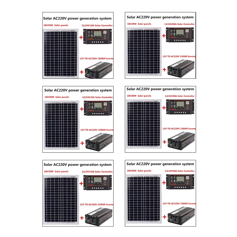 

18V20W Solar Panel +12V / 24V Controller + 1500W Inverter Ac220V Kit, Suitable For Outdoor And -Home Ac220V Solar Energy-Saving