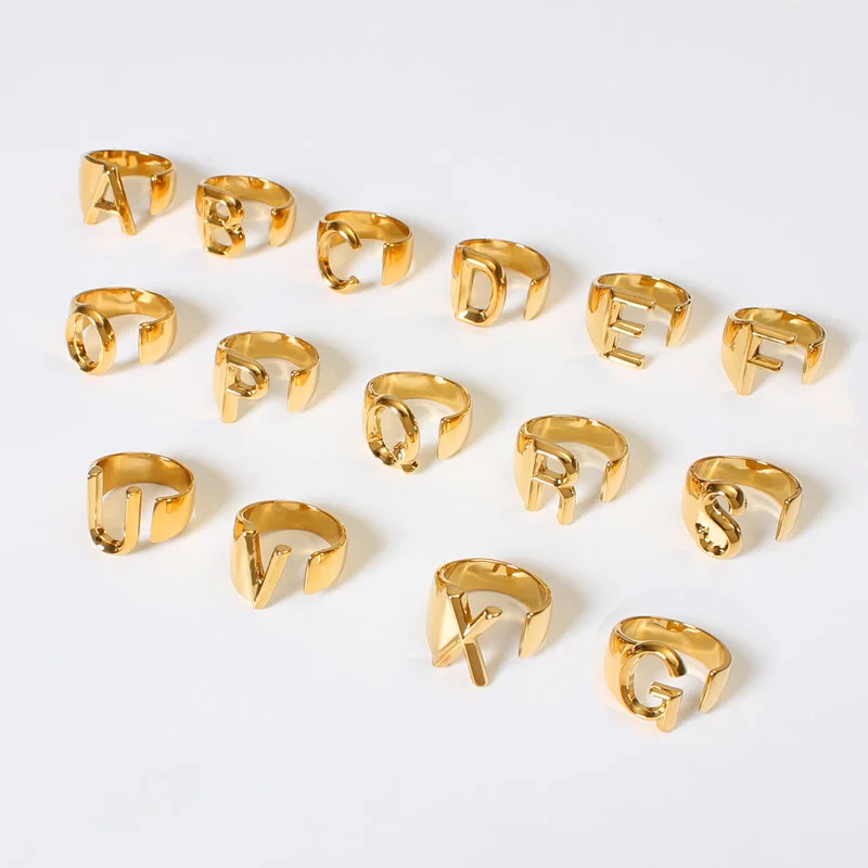 

SRCOI Hollow A-Z Letter Gold Color Metal Adjustable Opening Ring Initials Name Alphabet Female Party Chunky Wide Trendy Jewelry