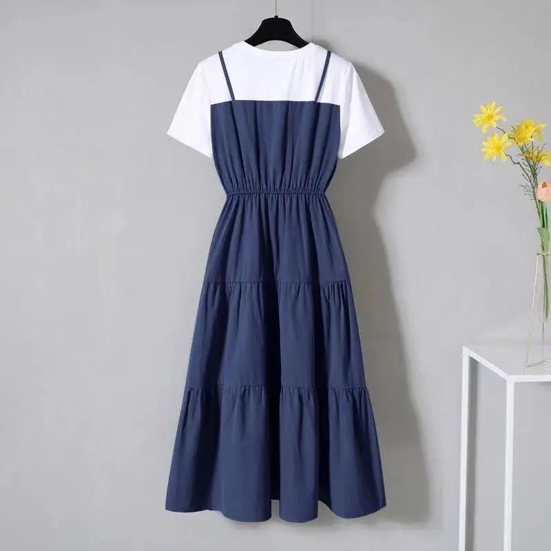 

Large size women's 2021 summer fashion foreign style age reduction fake two long fat sister waist slim dress