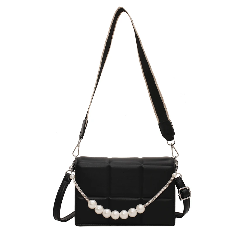 

Pearl Chain Shoulder Bag 2021 Women's Fashion Designer Solid Color Messenger Bag Casual Luxury Brand Wide Shoulder Strap Handbag
