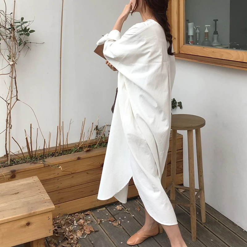 Женское длинное Хлопковое платье повседневное винтажное свободное макси с V