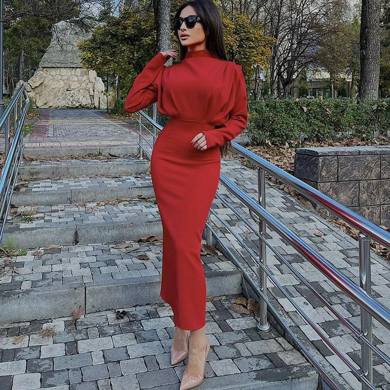 

Women Sexy Turtleneck Plus Size Pleated Long-sleeved Pullover Bodycon Dress Fall Fashion Harajuku Party Maxi Dresses Office Lady