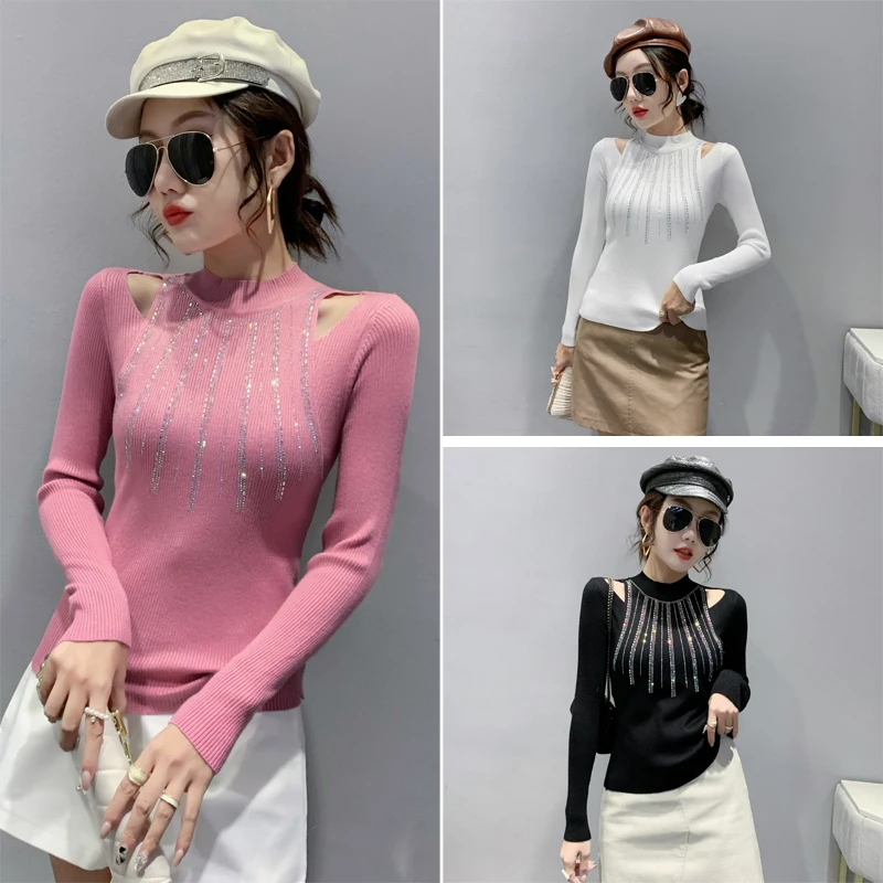 

Winter Knitted Sweater Sexy Mock Neck Hollow Out Women Long Sleeve Shiny Diamonds Bottoming Shirt Tops 2021 New