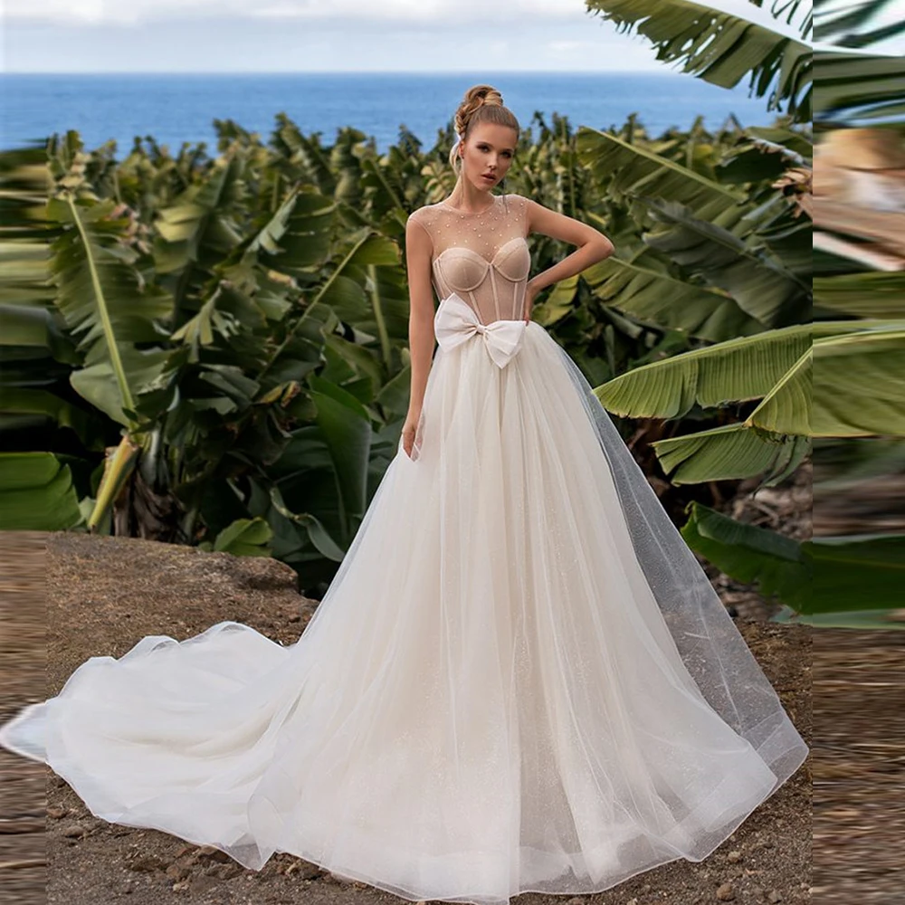 

Charming Sweetheart Tulle Wedding Dress A-Line Sleeveless Buttons Back Crystal Court Train Bridal Gowns 2021 Vestido De Noiva