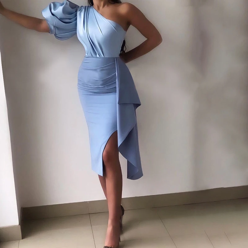 

Women Sexy One Shoulder Party Dress Puff Sleeve Ruffled Slim Fit Club Bodycon Slit Dress