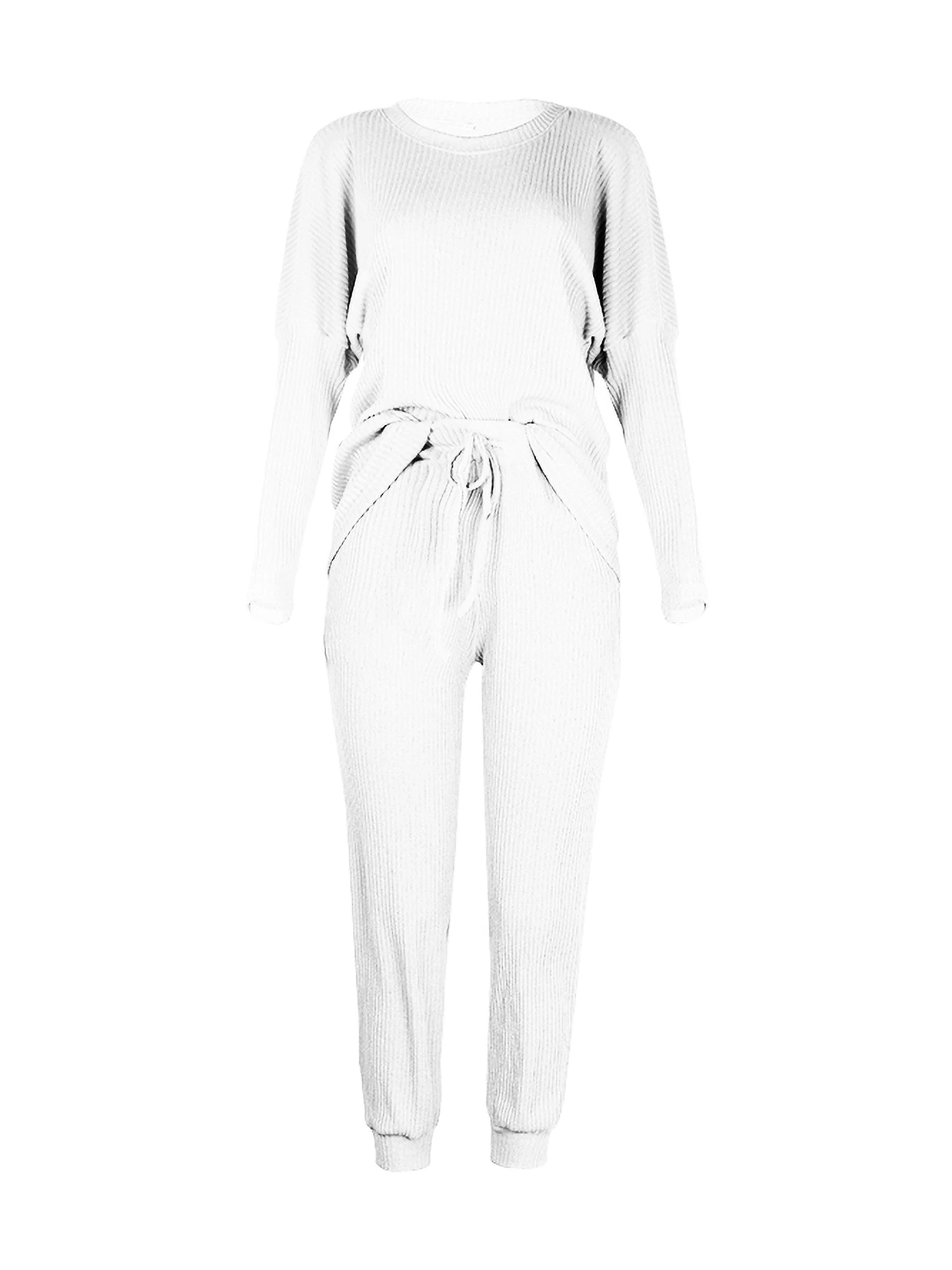 

2 Pcs Women Ribbed Outfits, Adults Casual Style Long Sleeve Round Neck Pullover + Trousers with Pockets Drawstring