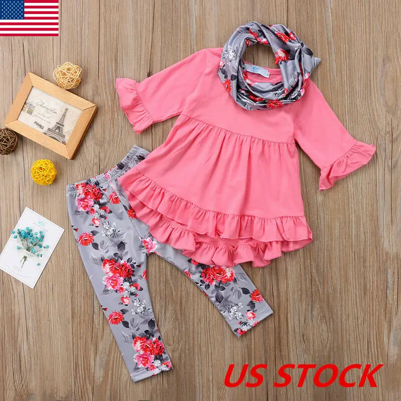 Хлопковая футболка штаны с цветочным принтом и шарф для новорожденных девочек 3